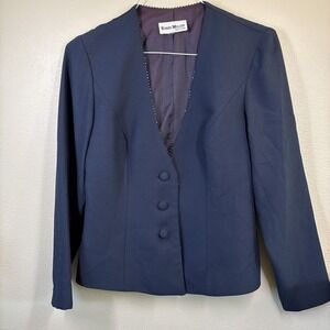 KAREN MILLER NY JACKET Blazer BLUE LONG SLV BEADED V-NECK BUTTON BLAZER S/M 36c
